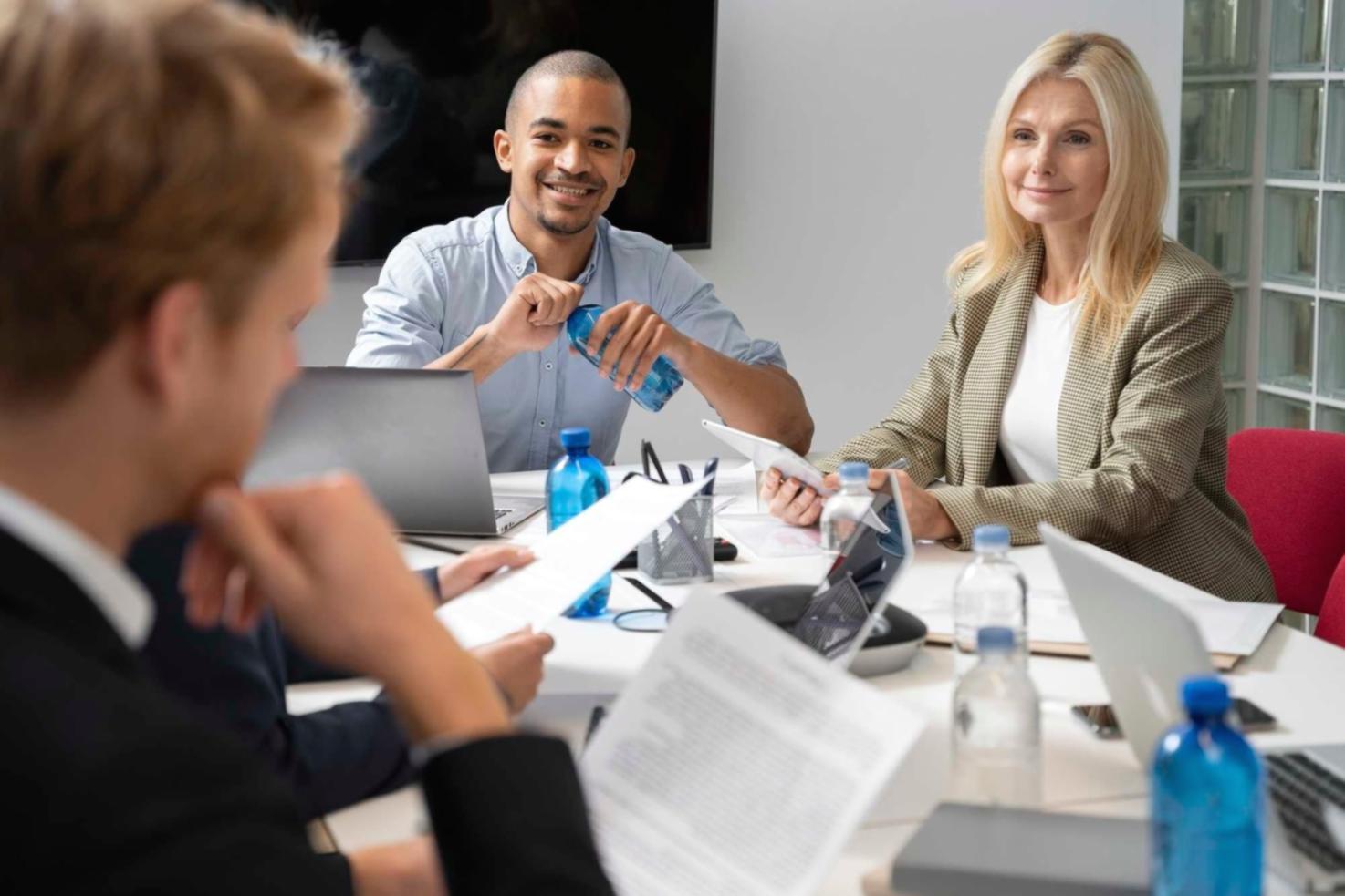 Business strategy planning session with financial documents and charts
